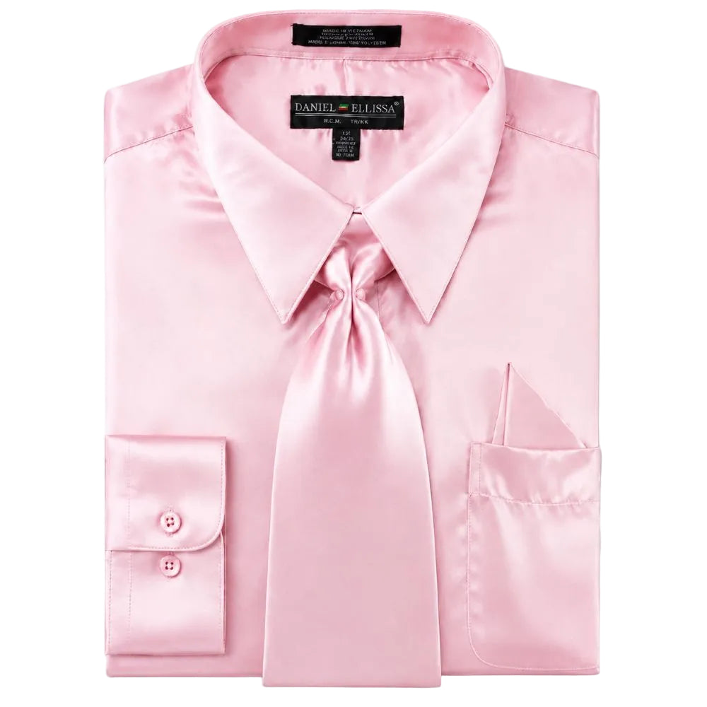 Men's Satin Dress Shirt Convertible Cuff Regular Fit in Pink With Tie And Pocket Square 22½ 37/38 / Pink