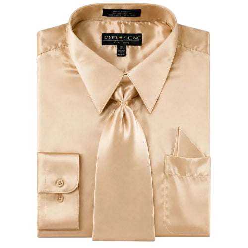 Taupe regular fit satin dress shirt with tie and pocket square