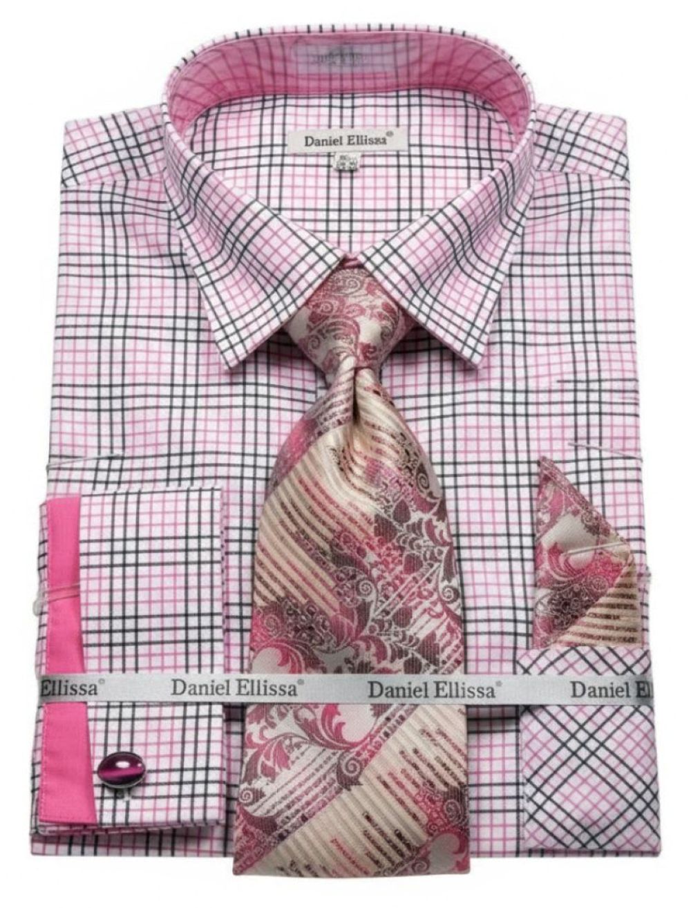 Plaid French Cuff Dress Shirt Set - Black/Fuchsia