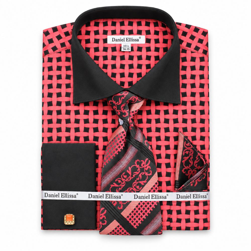 French Cuff Checker Pattern Cotton Shirt in Black/Coral