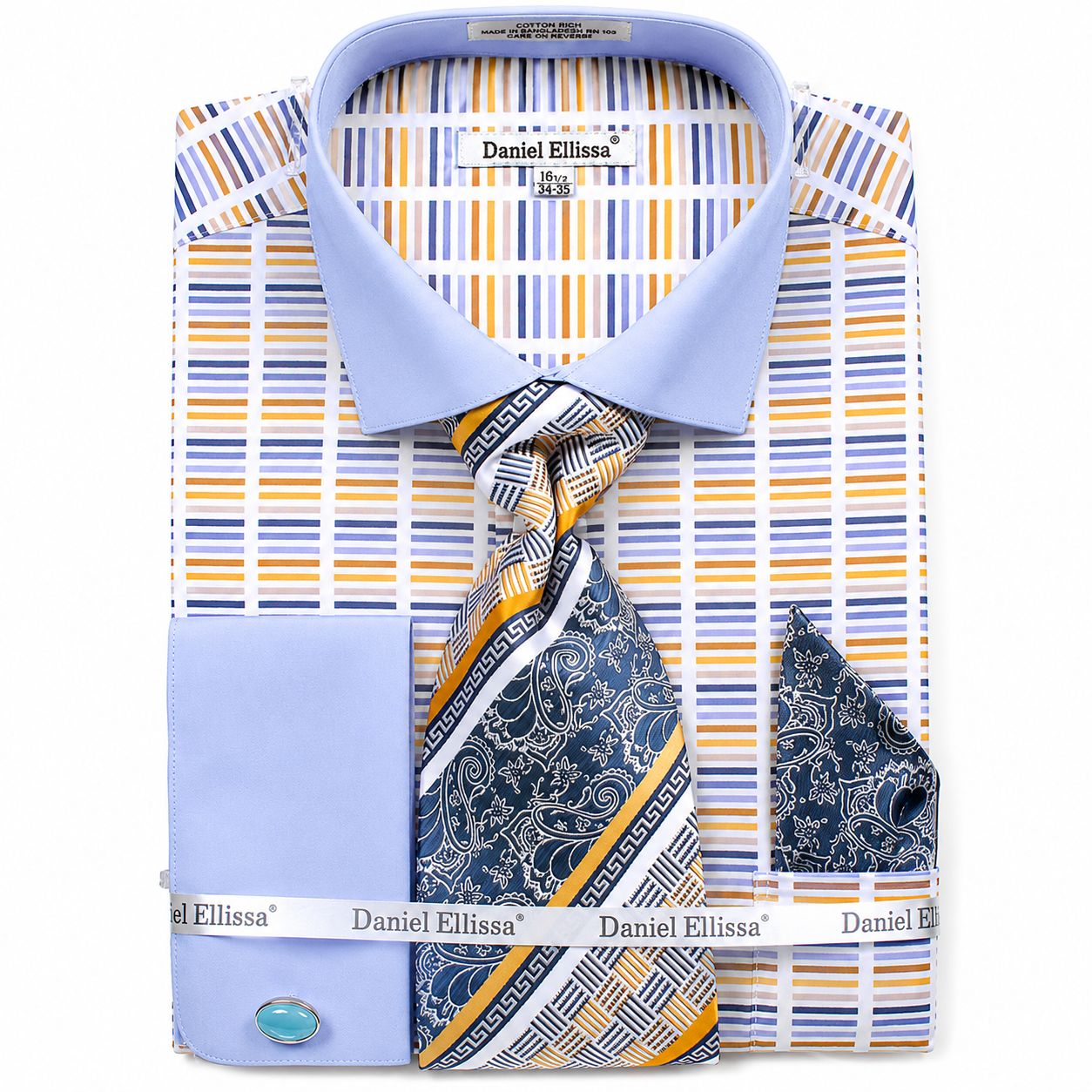French Cuff Cotton Shirt in Blue with Tie, Cuff Links and Pocket Square