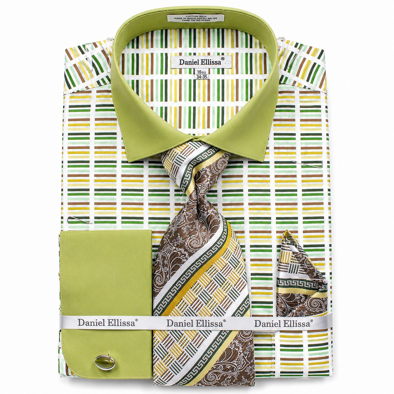 French Cuff Cotton Shirt in Green with Tie, Cuff Links and Pocket Square