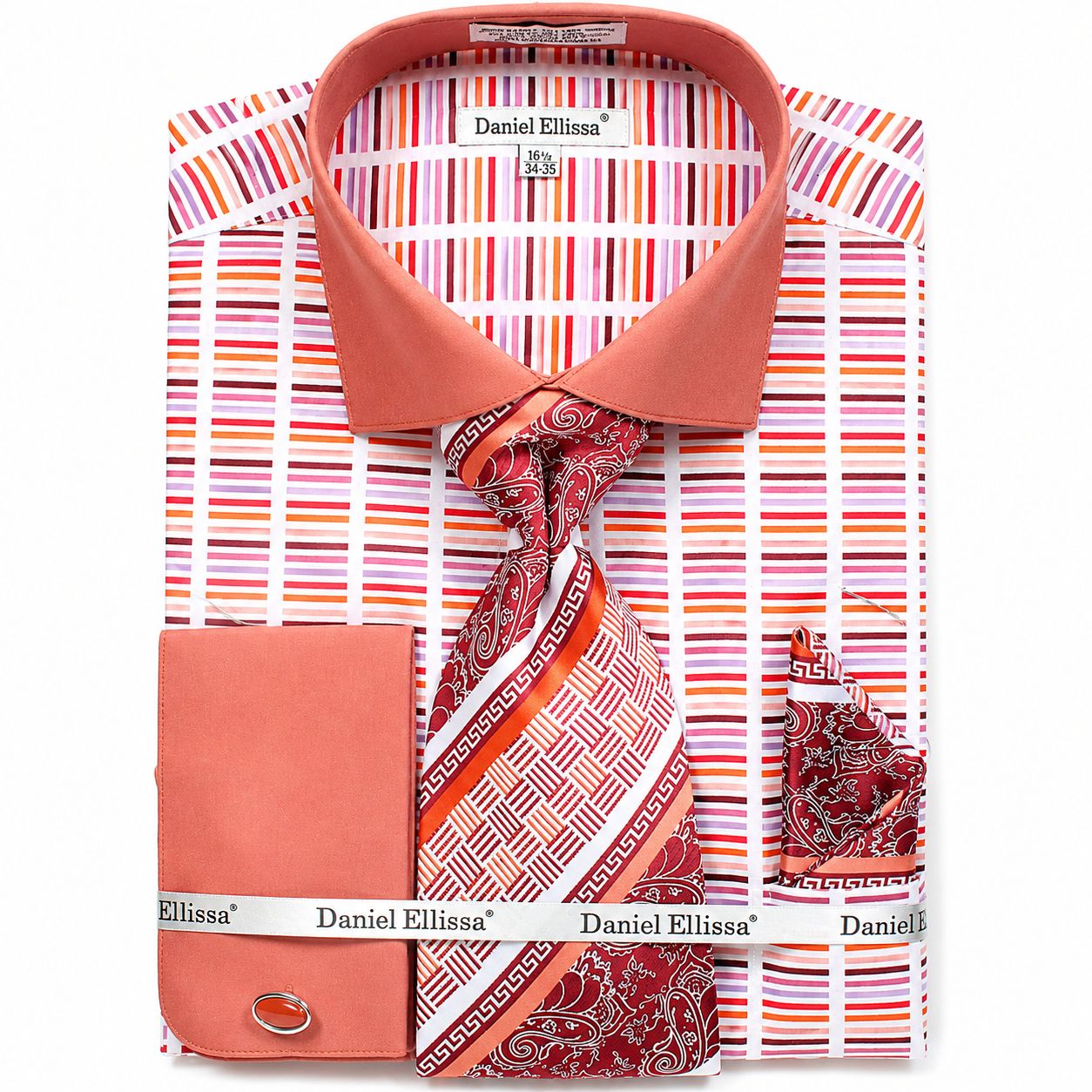 French Cuff Cotton Shirt in Rust with Tie, Cuff Links and Pocket Square
