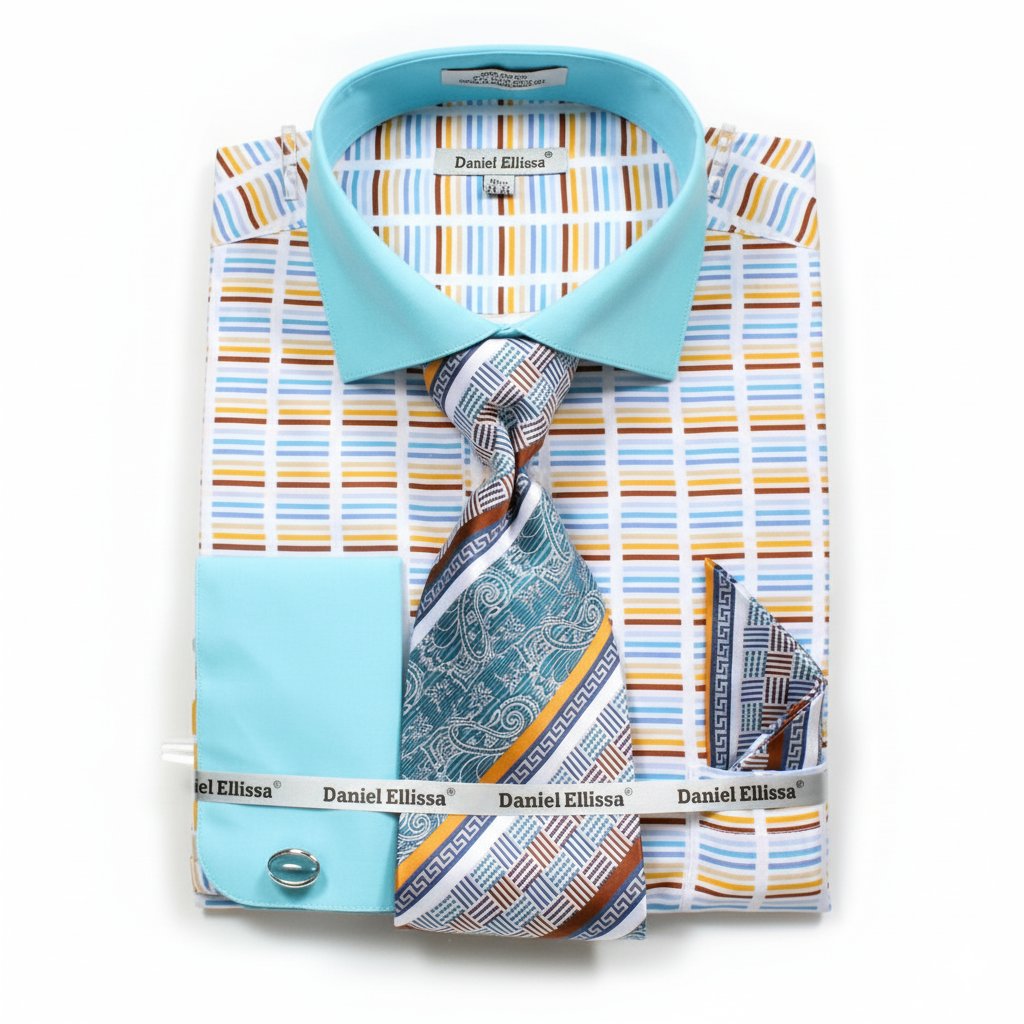 French Cuff Cotton Shirt Set in Turquoise with Tie, Cuff Links and Pocket Square