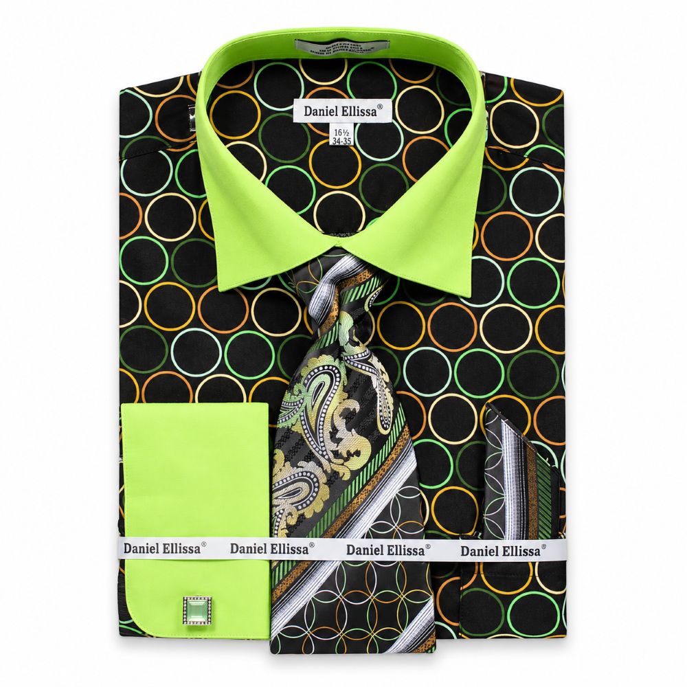 French Cuff Circle Printed Cotton Shirt in Black/Green