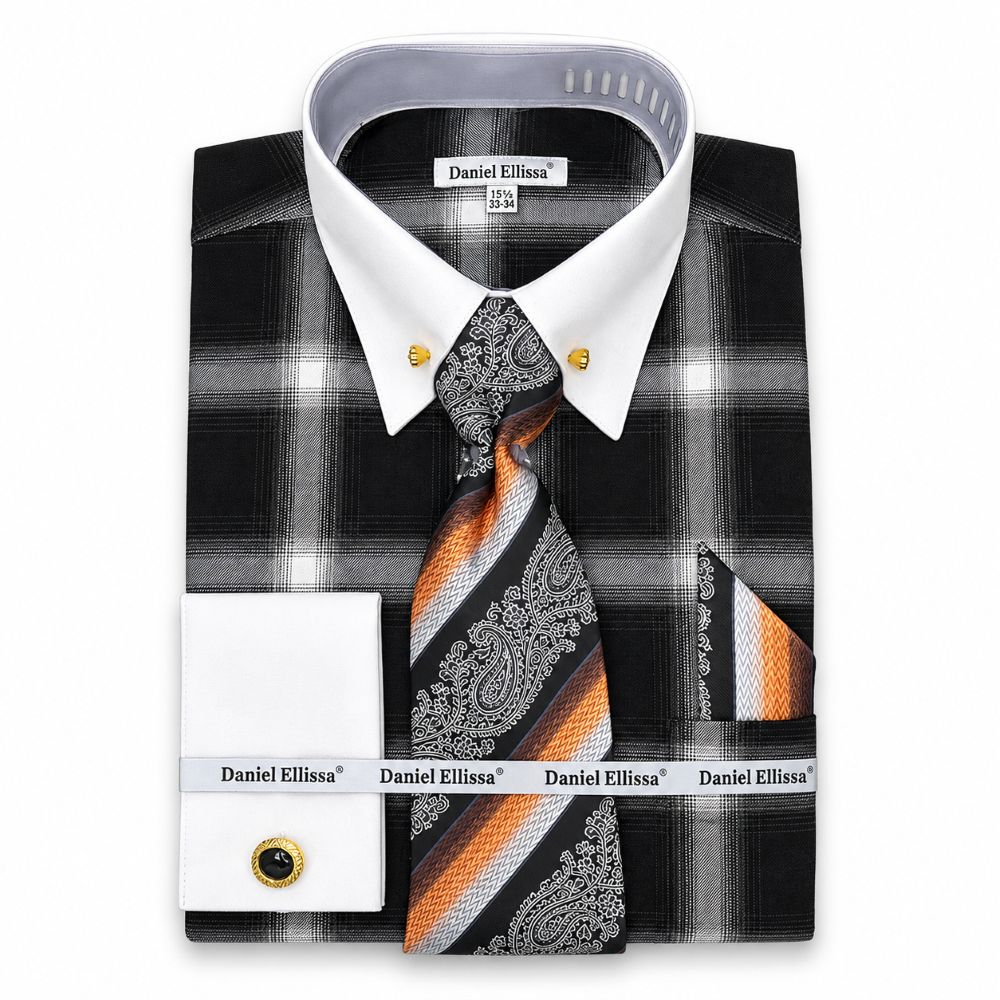 Black Tone on Tone Check Printed French Cuff Dress Shirt Set