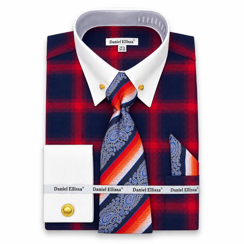 Red Tone on Tone Check Printed French Cuff Dress Shirt Set with Tie and Pocket Square
