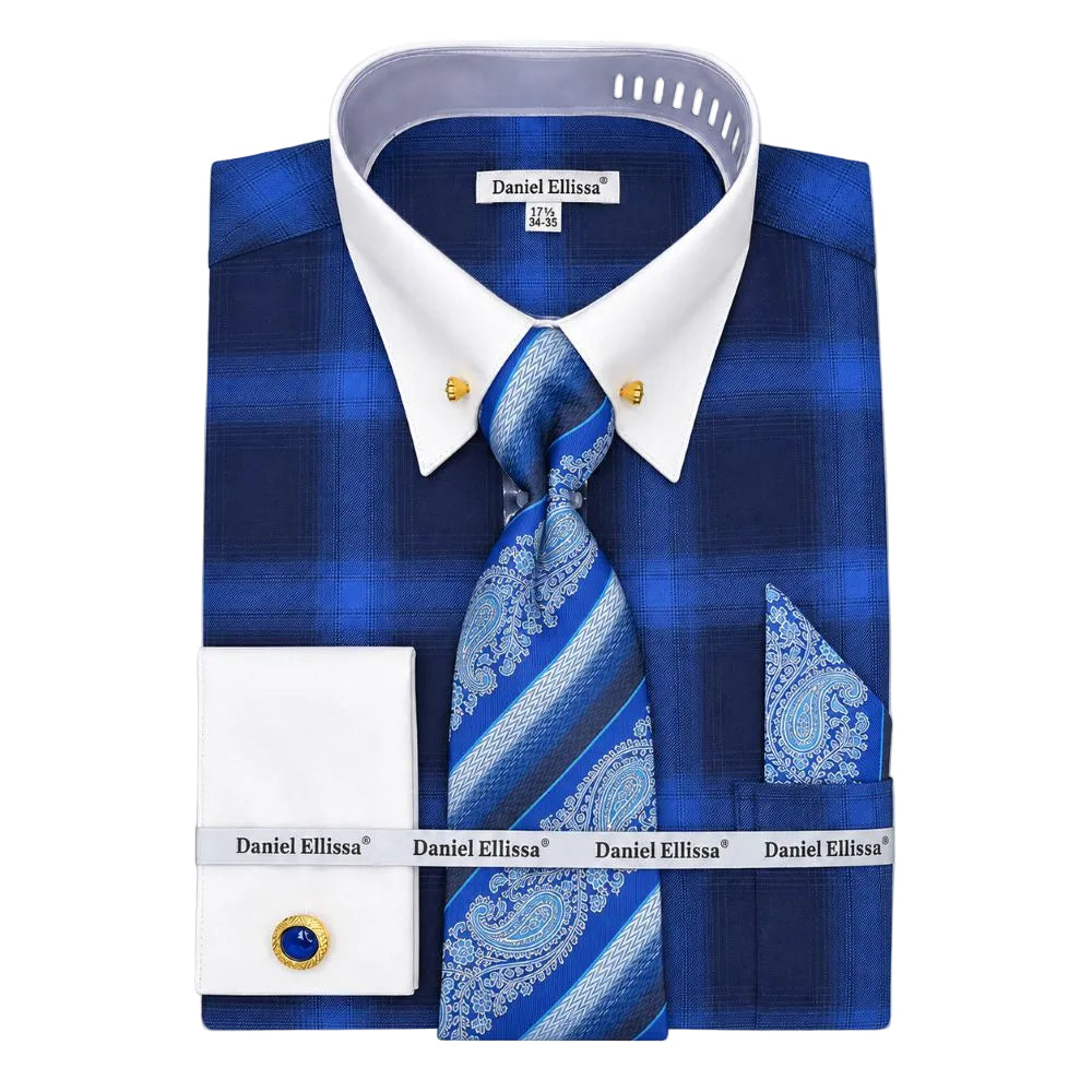 Blue Tone on Tone Check Printed French Cuff Dress Shirt Set with Tie and Pocket Square