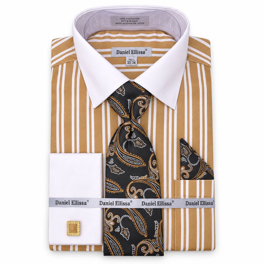Beige Striped Dress Shirt Set with Tie and Handkerchief