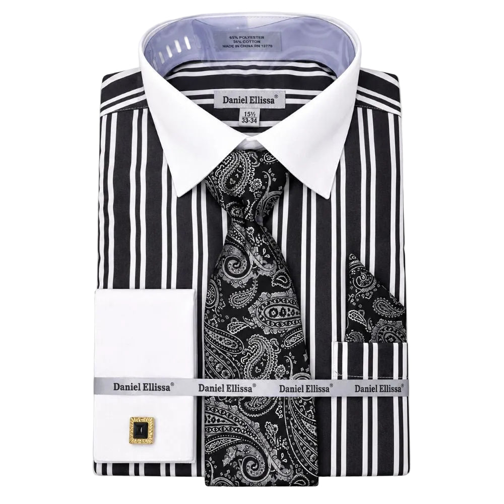 Black Striped Dress Shirt Set French Cuff with Tie and Pocket Square
