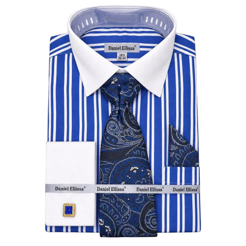 Royal Blue Striped French Cuff Dress Shirt Set with Tie and Pocket Square