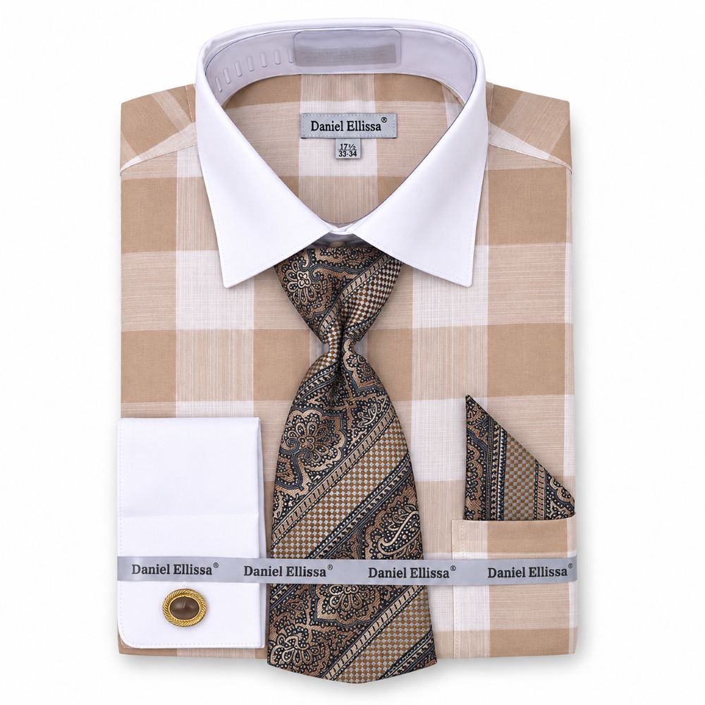 Beige Tone on Tone Check Printed Dress Shirt Set with French Cuff
