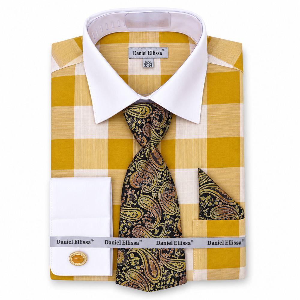 Mustard Tone on Tone Check Printed Dress Shirt Set with Tie and Pocket Square