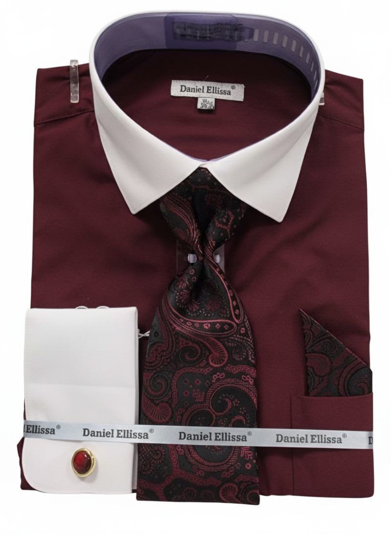 Burgundy Geometric Jacquard Pattern French Cuff Dress Shirt Set