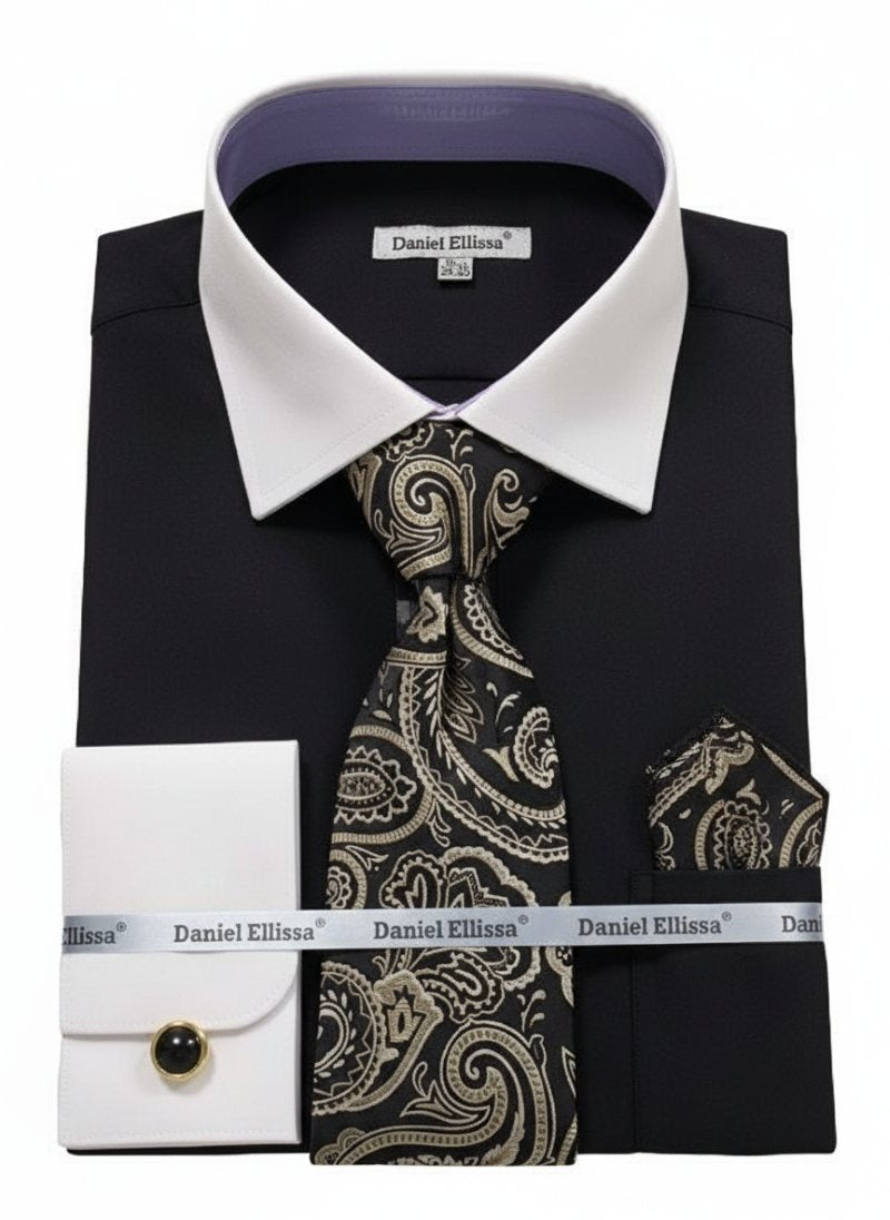 Black Geometric Jacquard Pattern French Cuff Dress Shirt Set