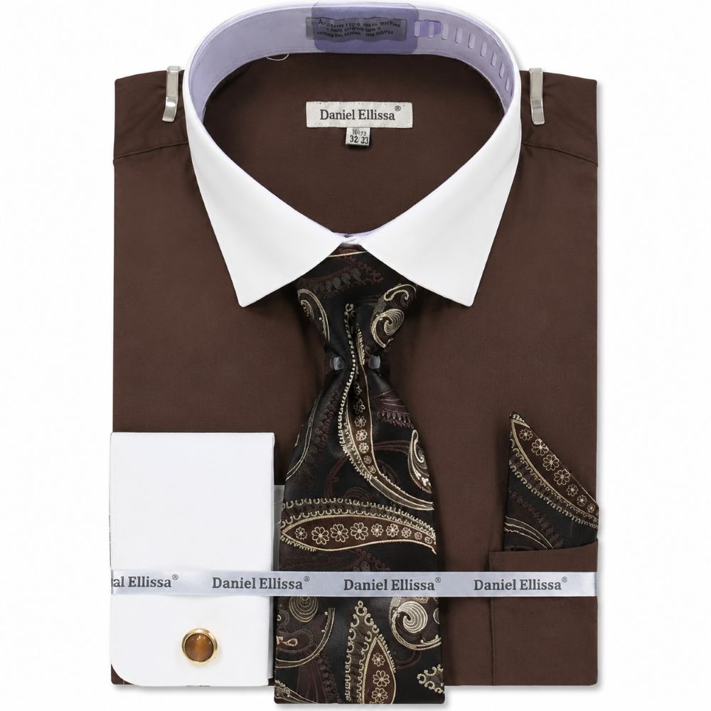 Brown Geometric Jacquard Pattern French Cuff Dress Shirt Set