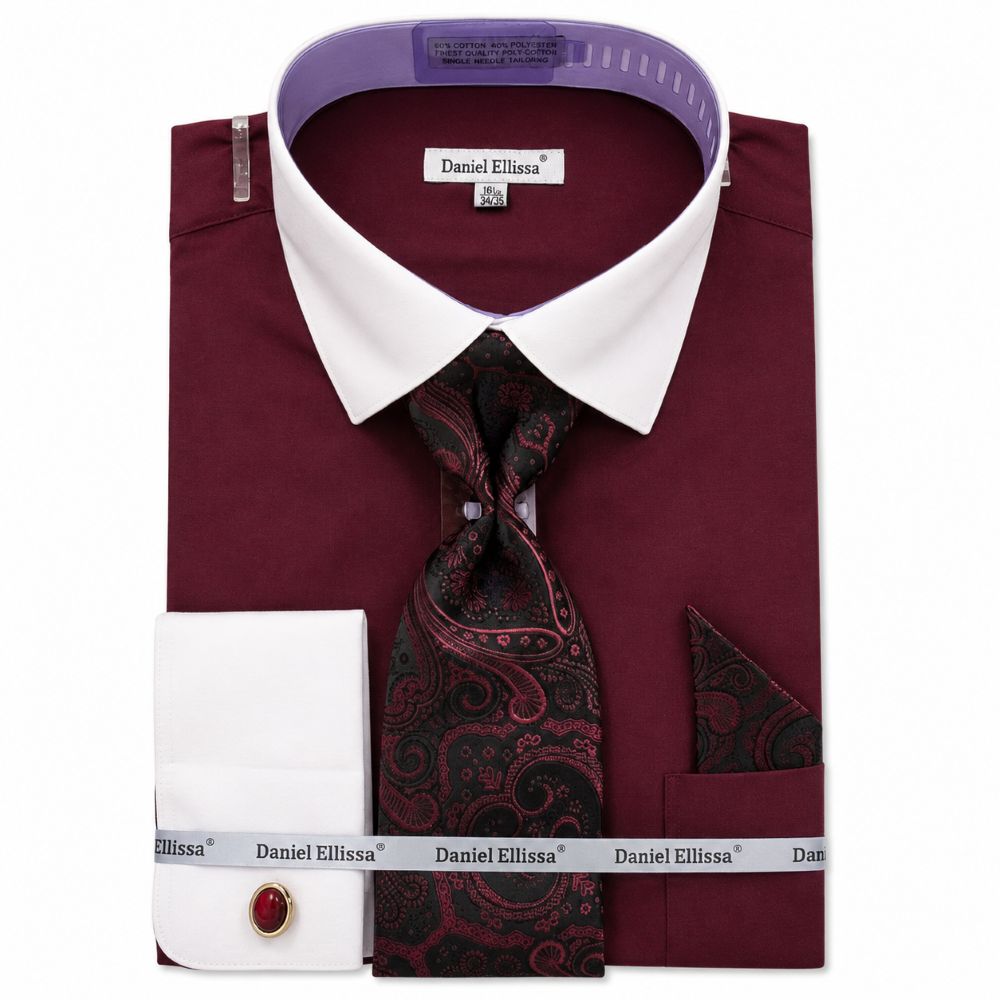 Burgundy Geometric Jacquard Pattern French Cuff Dress Shirt Set