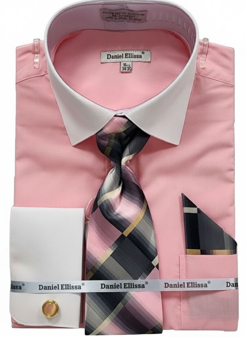 Pink Geometric Jacquard Pattern French Cuff Dress Shirt Set