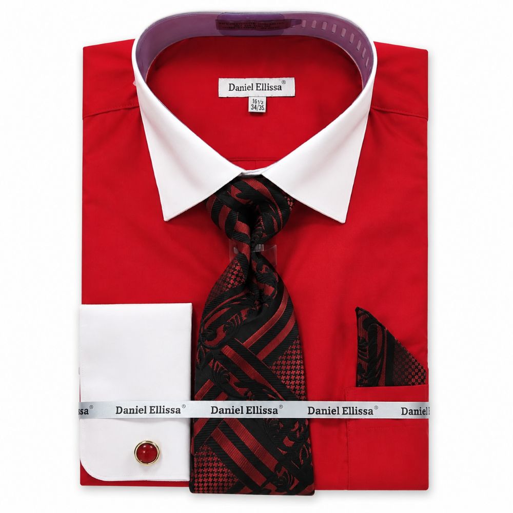 Red Geometric Jacquard Pattern French Cuff Dress Shirt Set