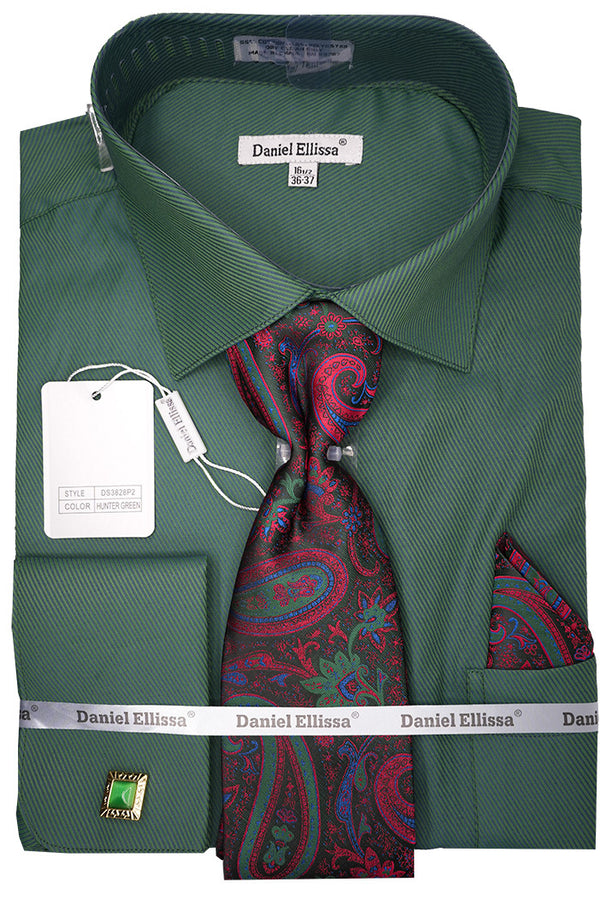Hunter Green Pin Striped Dress Shirt Set with Tie and Handkerchief