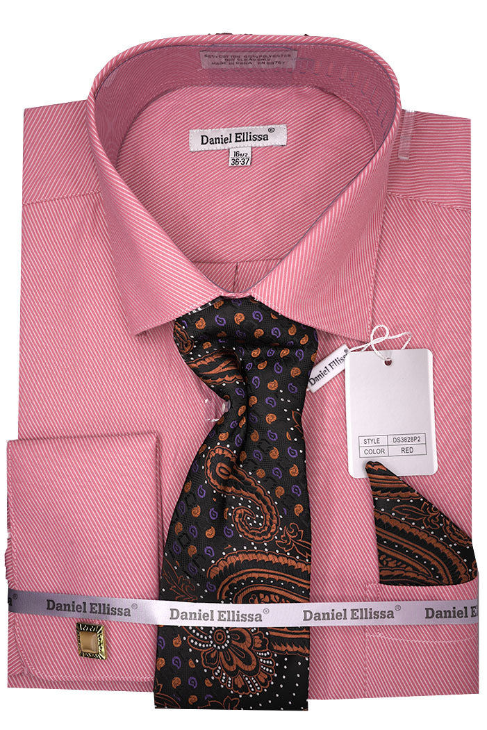 Red Pin Striped Dress Shirt Set with Tie and Handkerchief