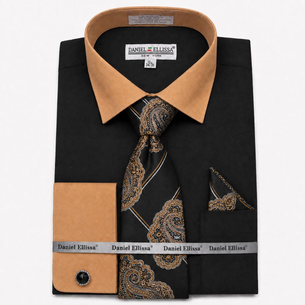 Black and tan French cuff dress shirt set with tie and pocket square