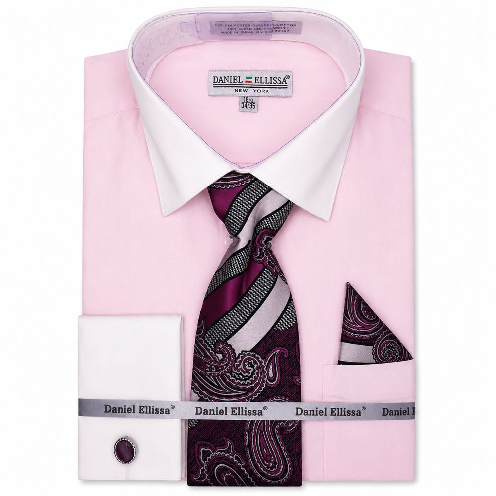 Blush French cuff dress shirt set with tie and pocket square