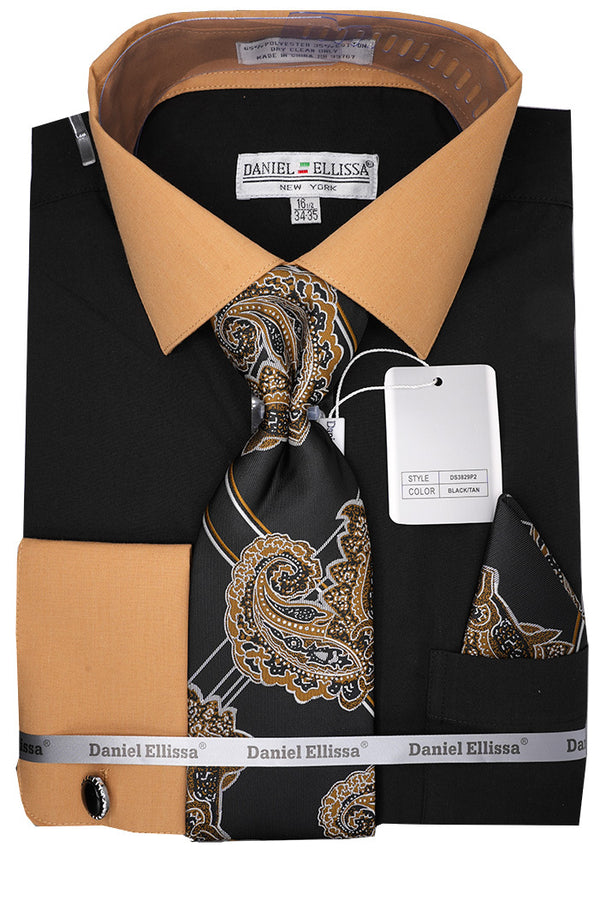 Black Tan French Cuff Dress Shirt Set with Tie and Handkerchief