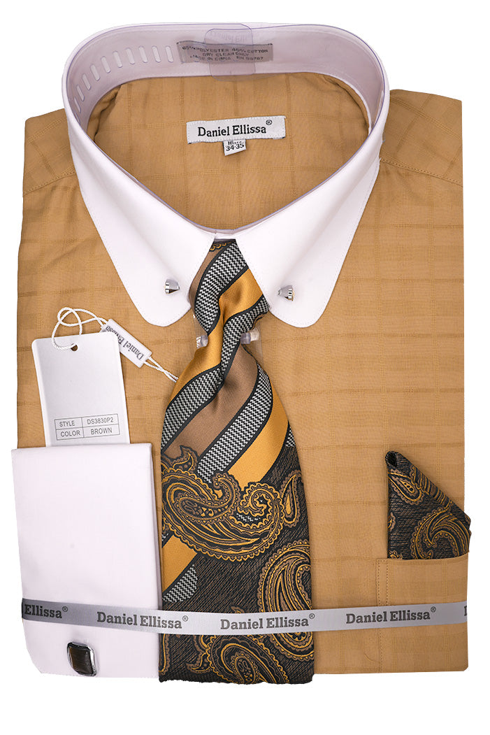 Brown Tone-on-tone Check Dress Shirt Set with Tie and Handkerchief