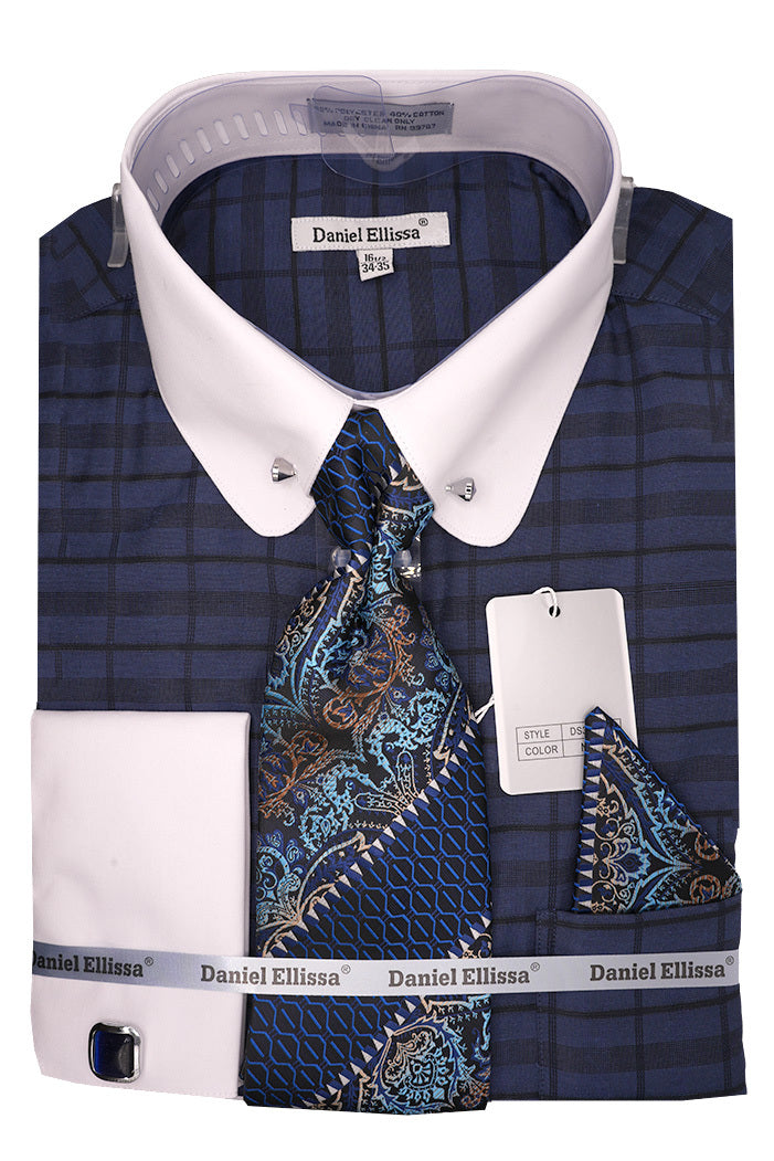 Navy Tone-on-tone Check Dress Shirt Set with Tie and Handkerchief