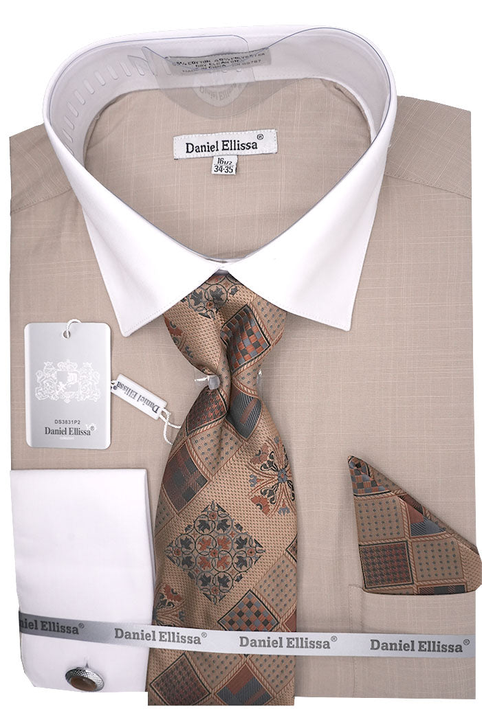 Beige Dress Shirt Set with Tie and Handkerchief