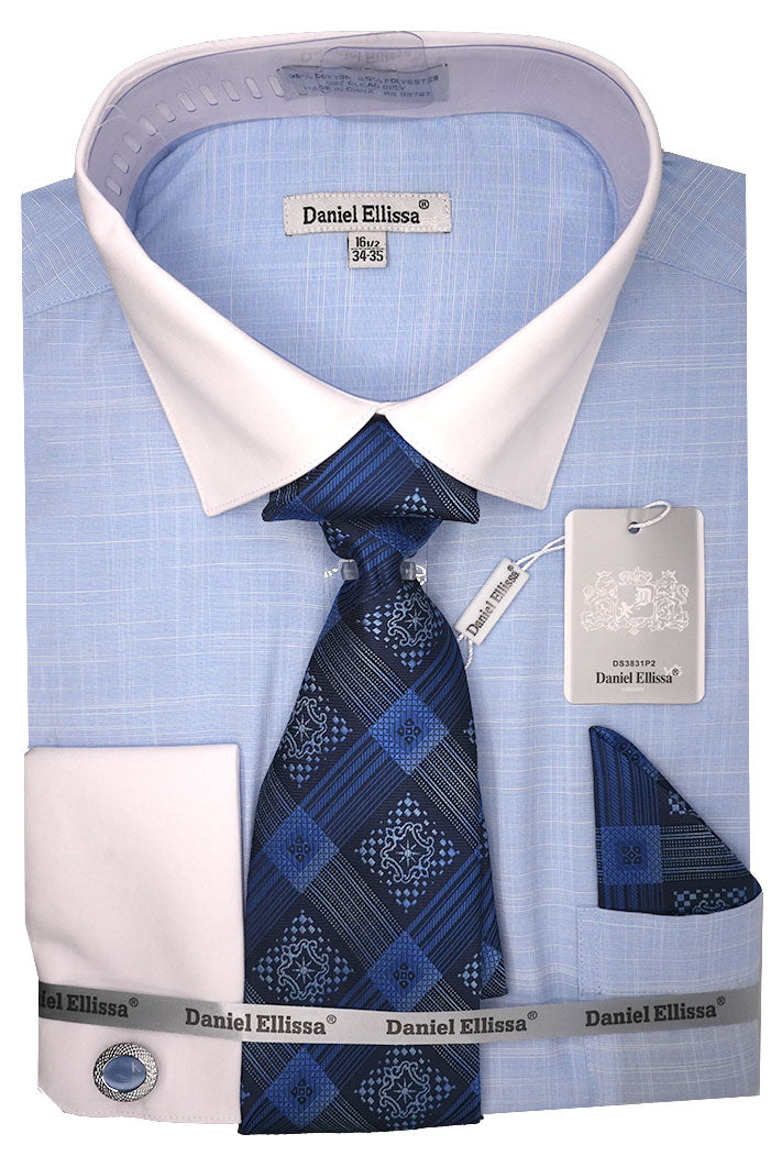 Blue Dress Shirt Set with Tie and Handkerchief