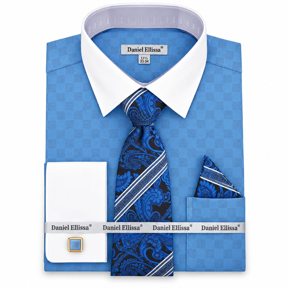 Blue White French Cuff Dress Shirt Set with Tie, Cuff Links and Pocket Square