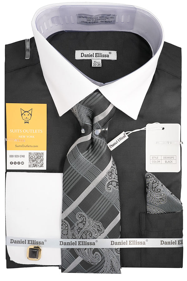 Black White French Cuff Dress Shirt Set with Tie, Cuff Links and Pocke