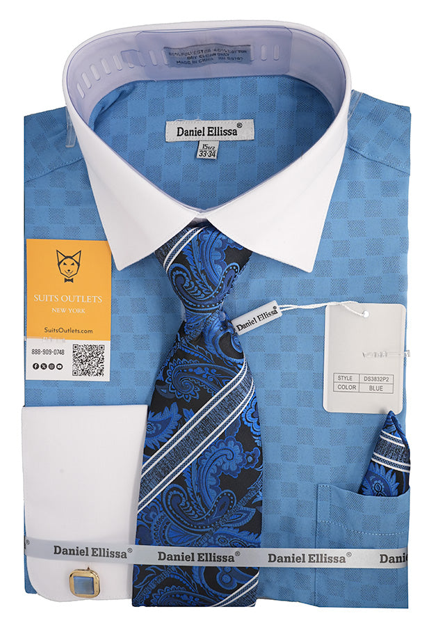 Blue White French Cuff Dress Shirt Set with Tie and Handkerchief
