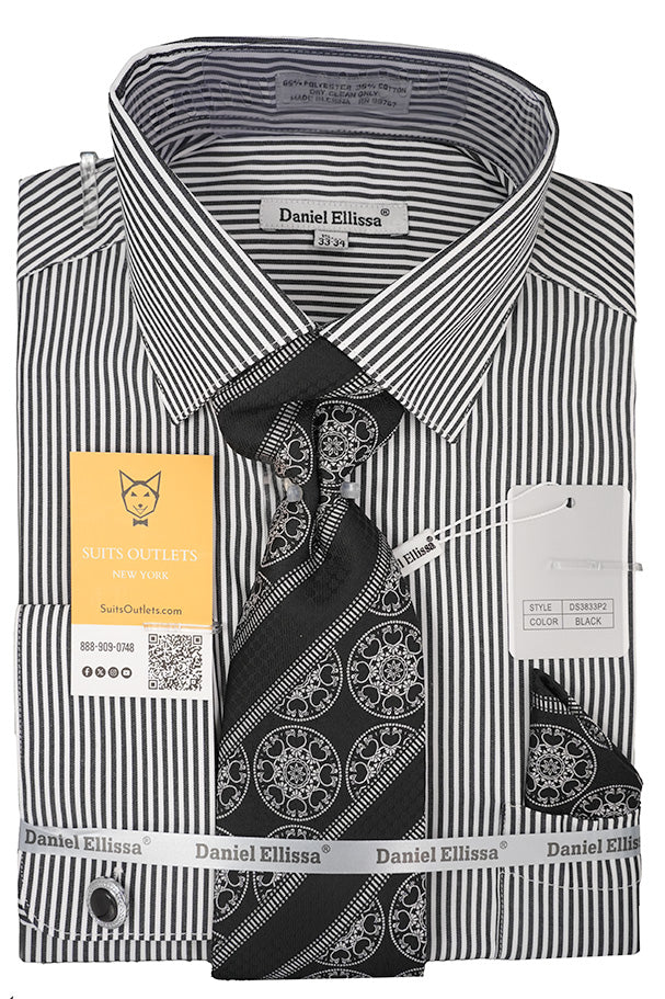 Black White Bold Stripe Dress Shirt with Tie, Cuff Links and Pocket Square
