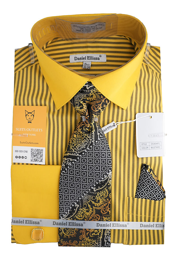 Mustard Black Bold Stripe French Cuff Dress Shirt with Tie, Cuff Links