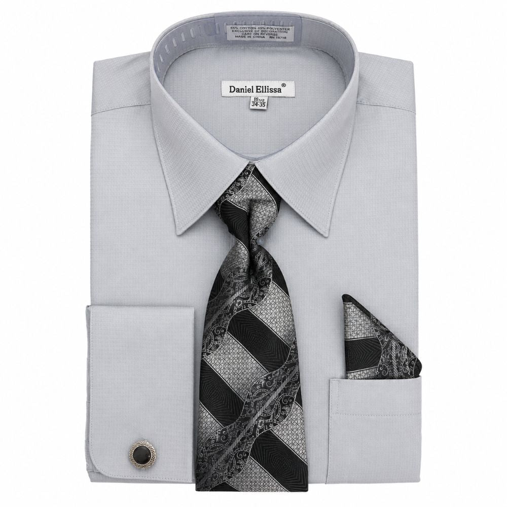 Regular Fit Jacquard French Cuff Dress Shirt Set - Gray