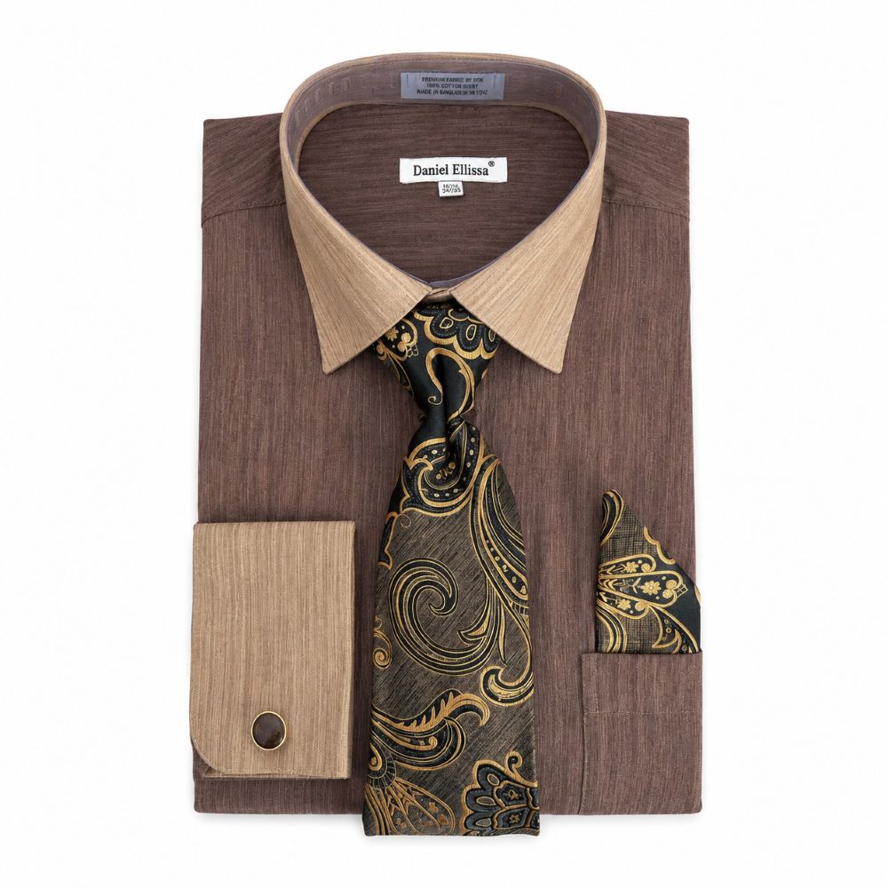 Regular Fit Textured French Cuff Dress Shirt Set - Brown