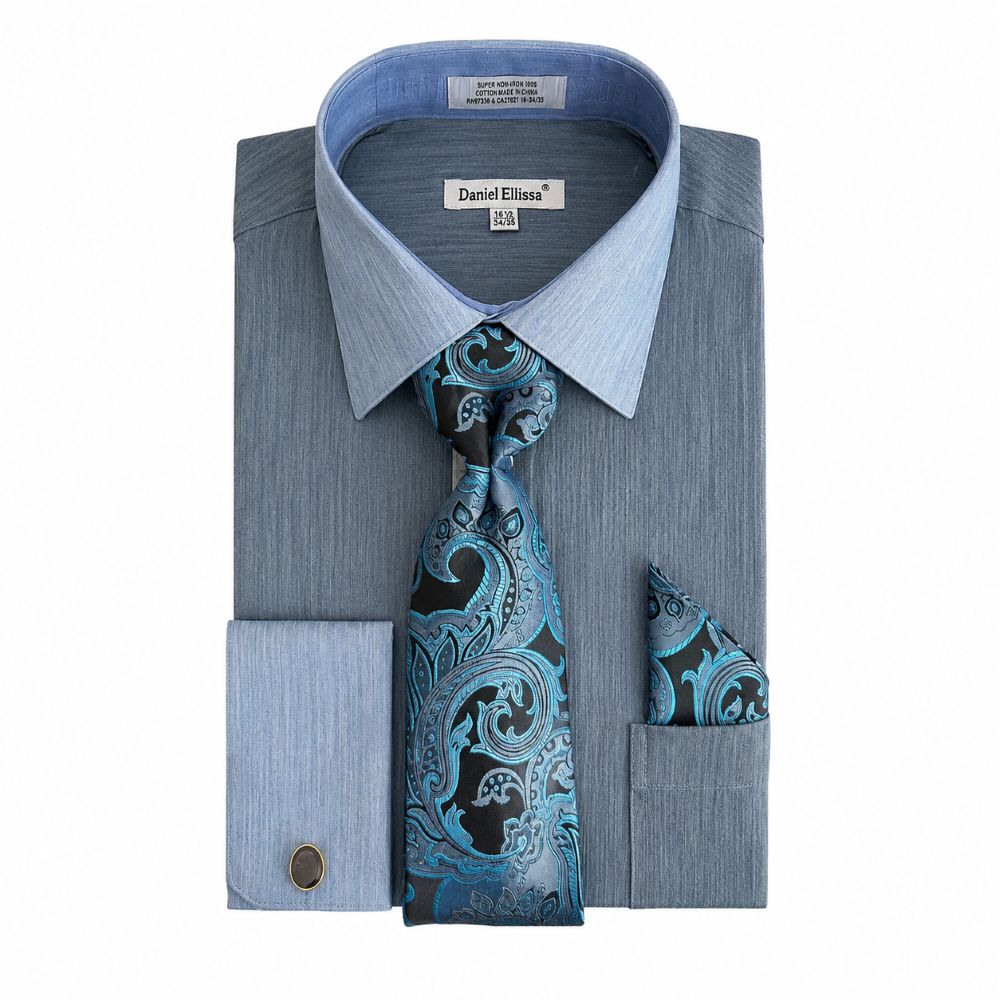 Regular Fit Textured French Cuff Dress Shirt Set - Denim Blue