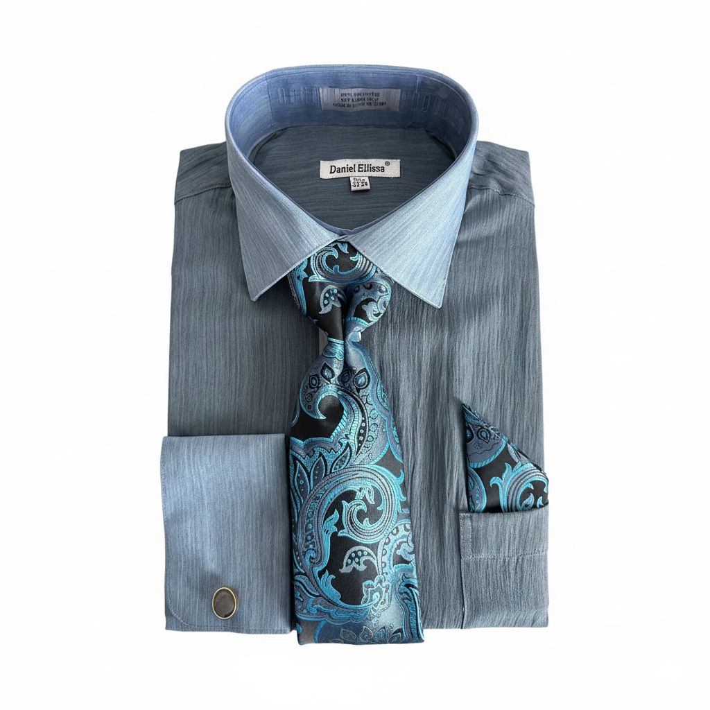 Gray dress shirt with light blue collar, matching tie, and cufflinks on a white background