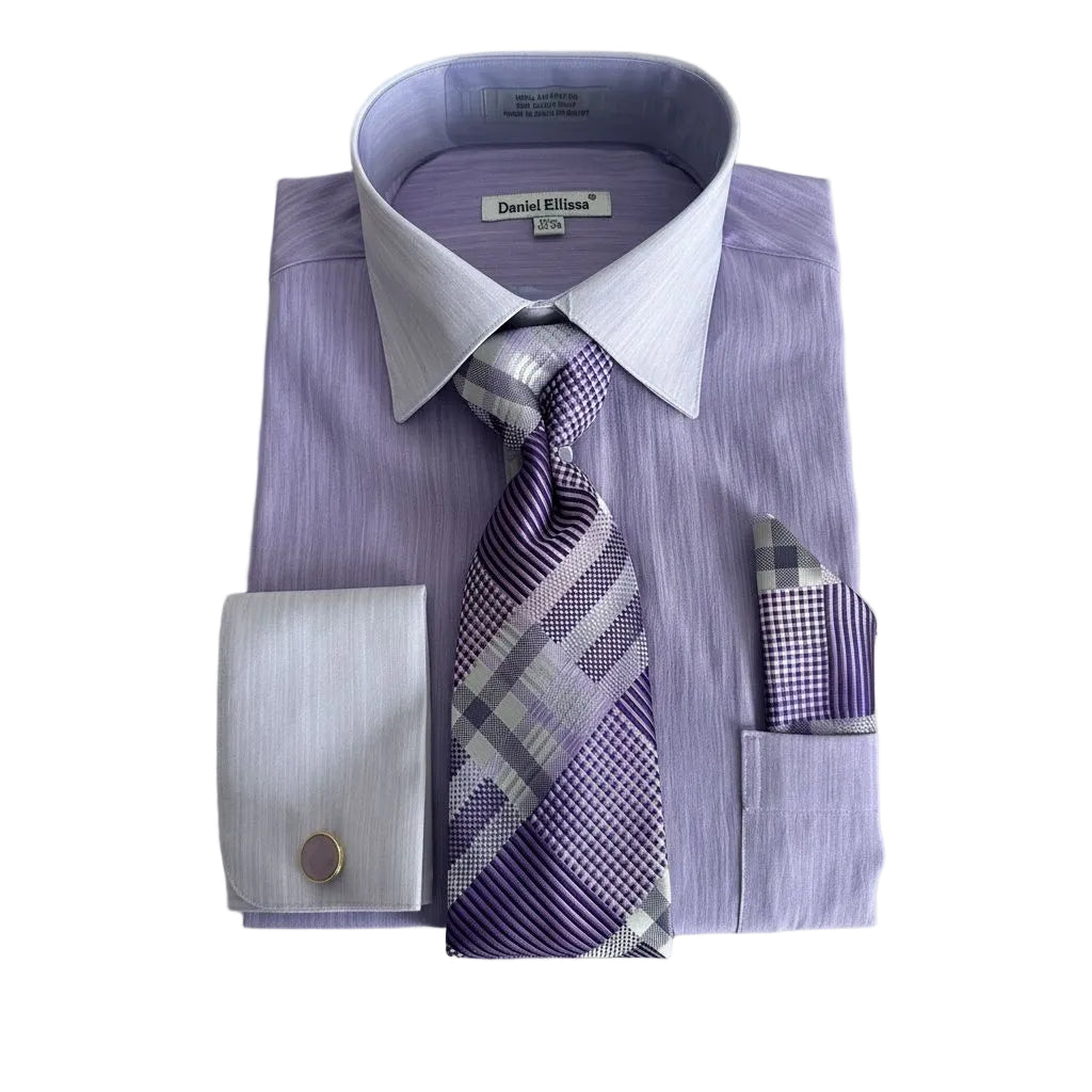 Lavender Textured French Cuff Dress Shirt Set with Tie, Cuff Links and Pocket Square