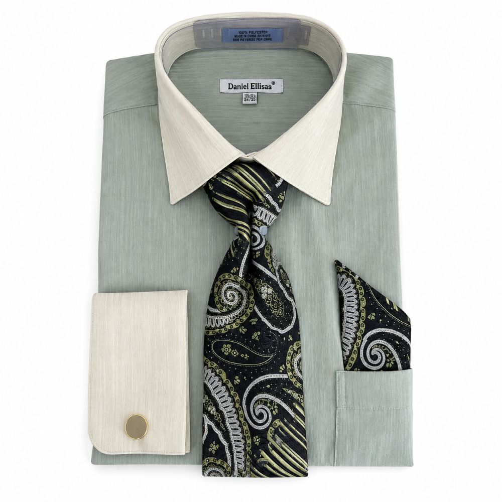Regular Fit Textured French Cuff Dress Shirt Set - Olive