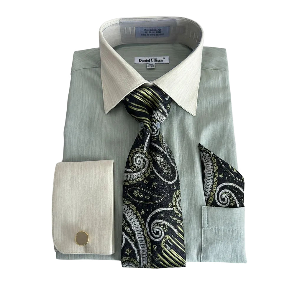 Olive Textured French Cuff Dress Shirt Set with Tie, Cuff Links and Pocket Square