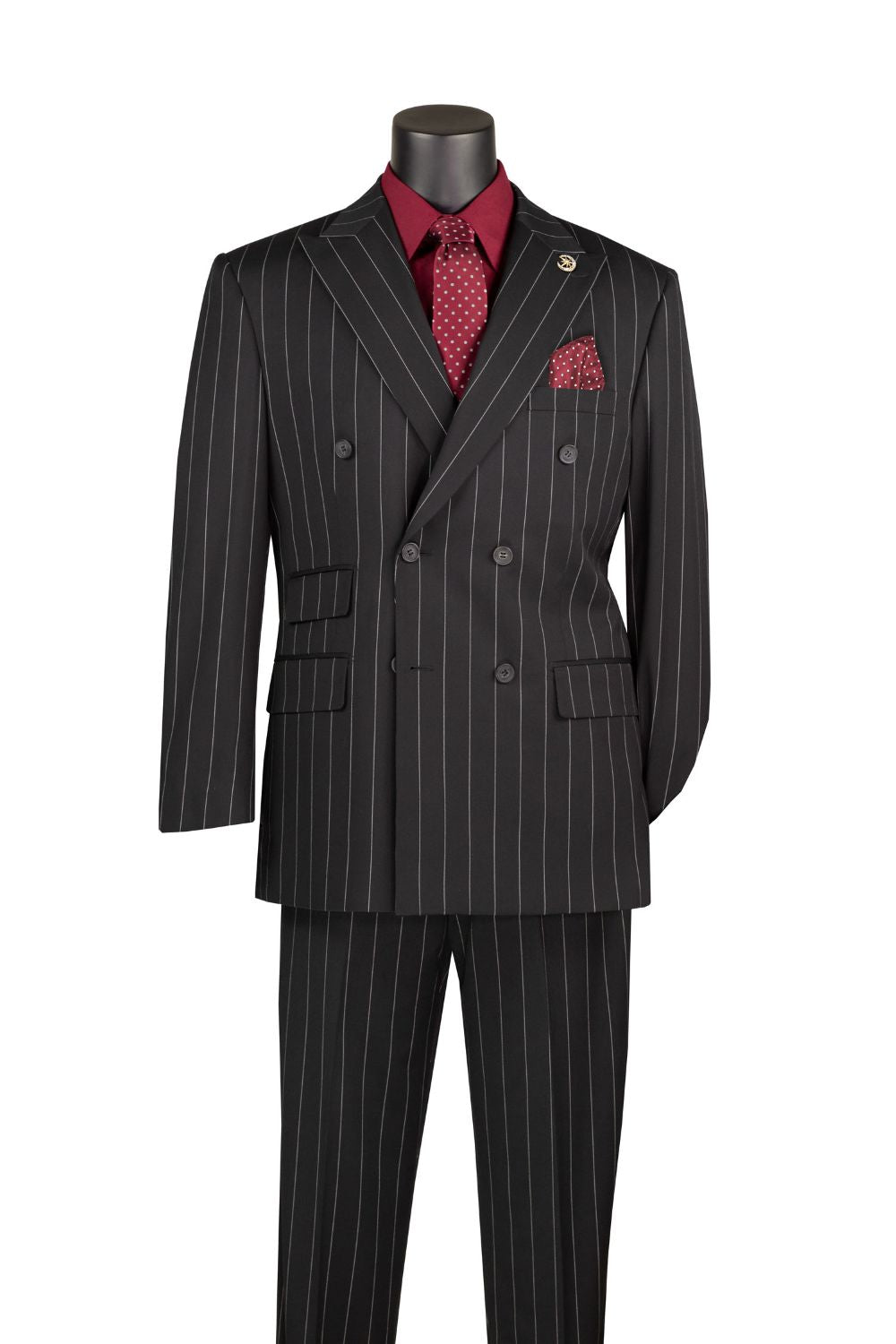 Regular Fit 2-Piece Bold Striped Double Breasted Suit - Black