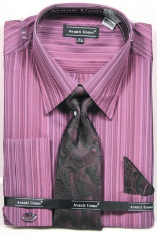 Purple striped dress shirt with black paisley tie and pocket square on a white background