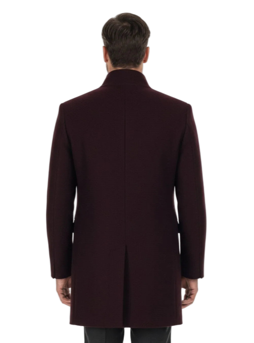 A detailed close-up view of the solid burgundy collar on the Renoir Wool Blend Burgundy Overcoat.