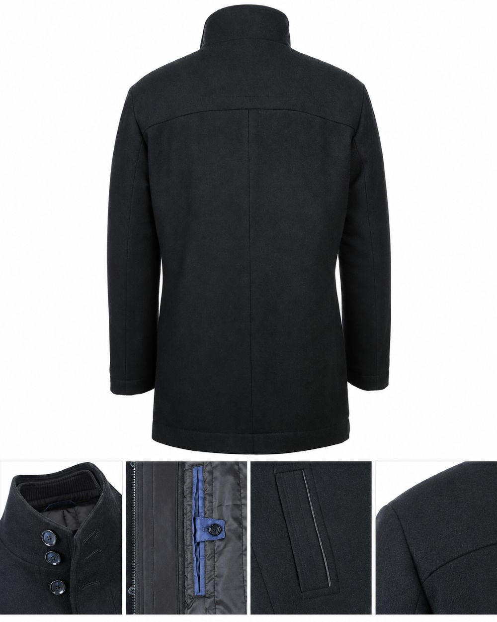 A black men's jacket shown from the back, with four detail inset images along the bottom showing the collar buttons, a blue zipper track, a side pocket seam, and the shoulder construction.