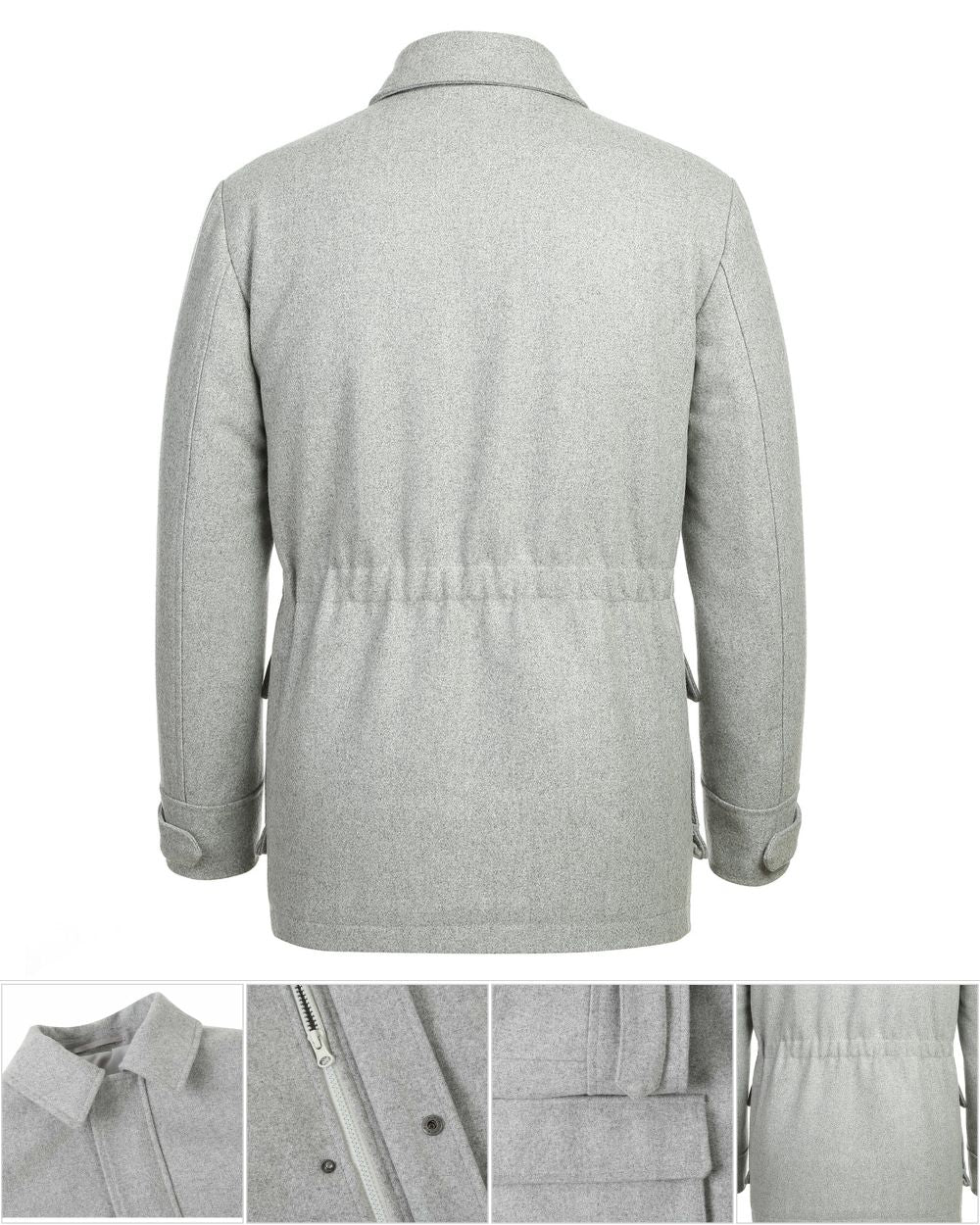 A light gray heathered wool-blend jacket shown from the back, featuring a collar, long sleeves, and a drawstring waist. Three small detail inset images along the bottom show close-ups of the collar, a button closure, and the drawstring waist.