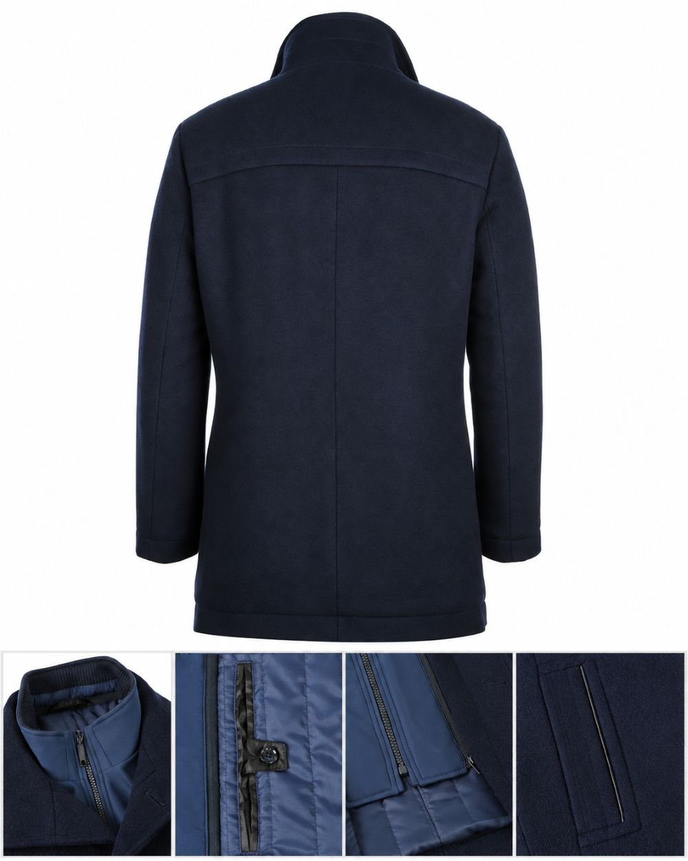 A dark navy blue textured blazer shown from the back, with three detail inset images along the bottom showing the collar, button closure, and patterned lining.